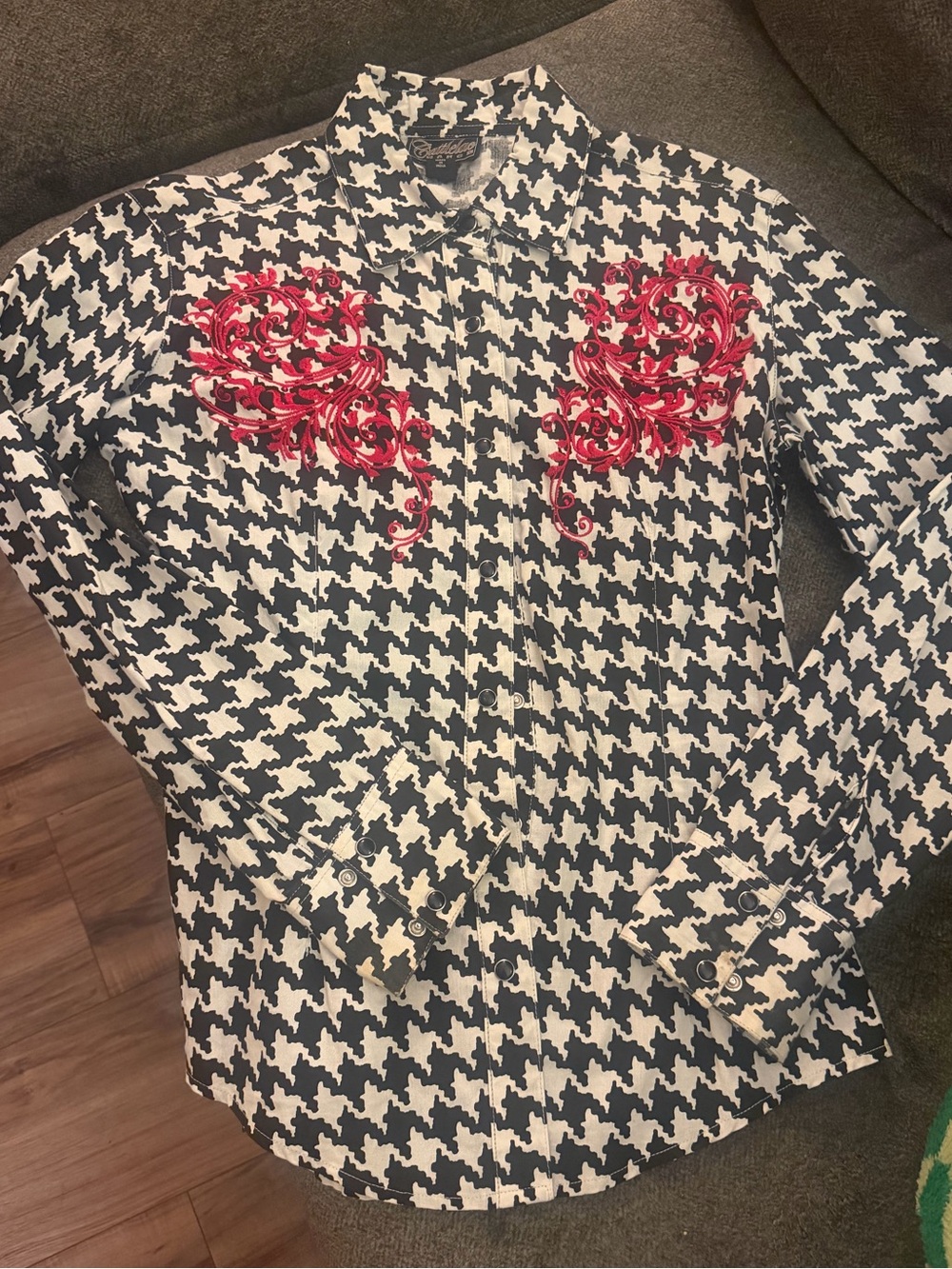 Houndstooth Button-Down Shirt with Red Embroidered Accents